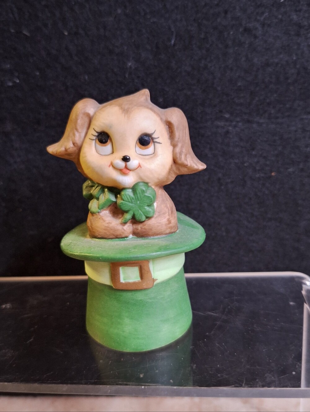 Lefton Anthropomorphic Shamrock Puppy In Leprechaun Hat Bisque 3" 1950's Figure